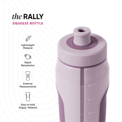 Light lavender-pink squeeze bottle with darker purple cap and band detail against a soft mauve and dusty purple background.