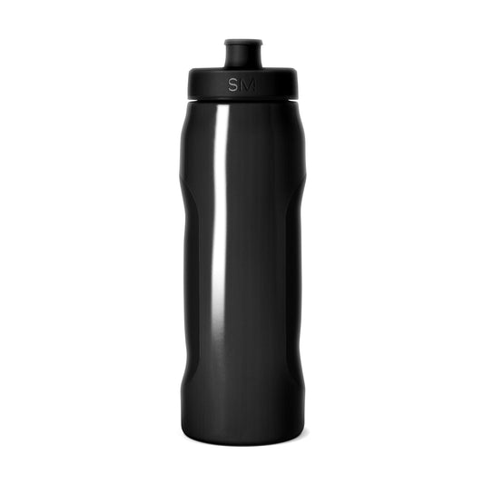Black water bottle with glossy finish and reflective highlights down the center