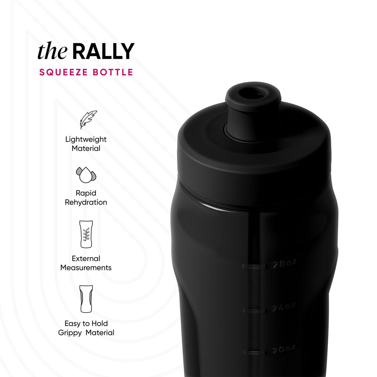 Black matte squeeze bottle with white background and diagonal stripes, product technical view