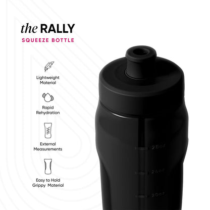 Black matte squeeze bottle with white background and diagonal stripes, product technical view