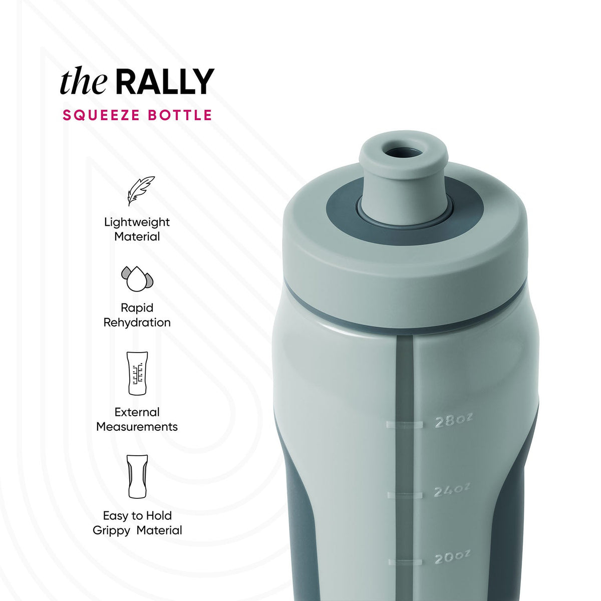 Sage green squeeze bottle with measurement markings and dark teal accents on the lid ring, displayed against white background.