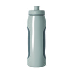 Sage green water bottle with mint-green vertical stripe on front and teal-green curved accent panels on sides