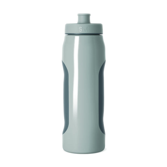 Sage green water bottle with mint-green vertical stripe on front and teal-green curved accent panels on sides