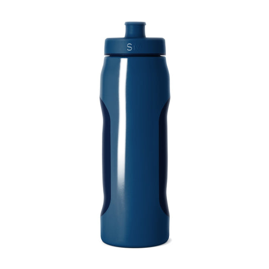 Navy blue water bottle with glossy finish and white highlight reflections on the surface
