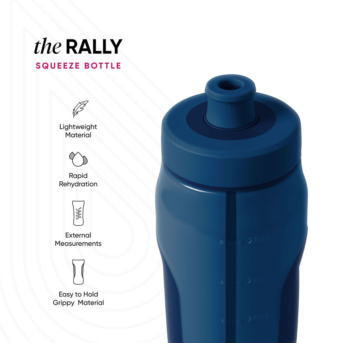 Deep teal blue bottle with navy accents against a matching cool-toned background, professional product photography for RLY-SQZ-30-SLMM-M technical specifications.