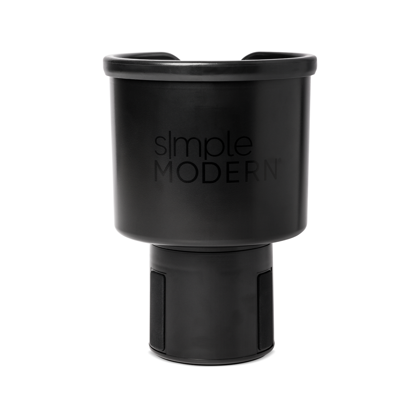 Black insulated travel mug with glossy rim and matte finish body, front view