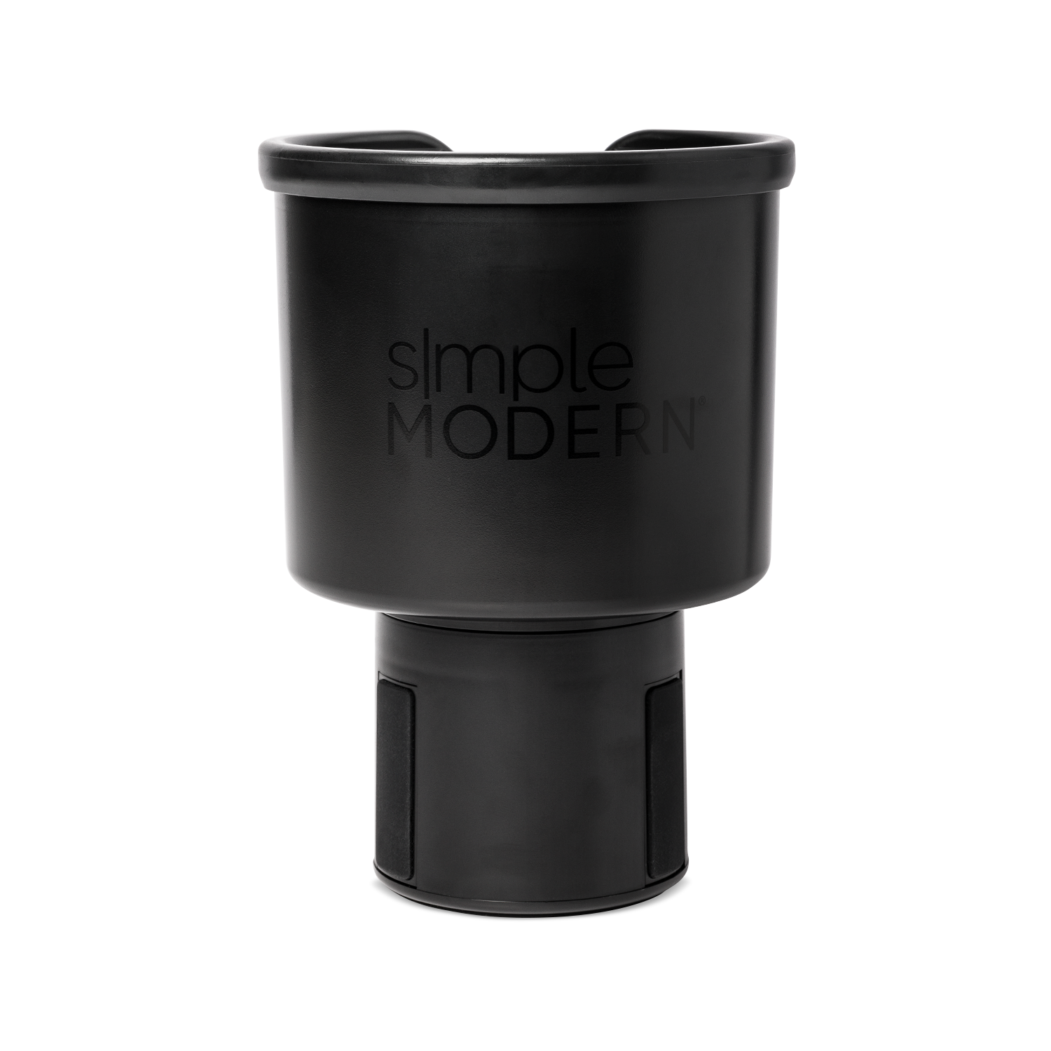 Black insulated travel mug with glossy rim and matte finish body, front view