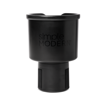 Black insulated travel mug with glossy rim and matte finish body, front view