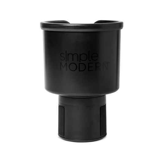 Black insulated travel mug with glossy rim and matte finish body, front view