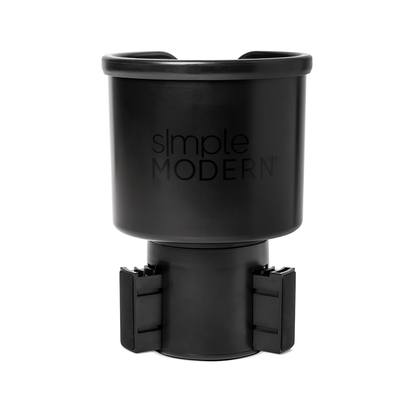 Black matte travel mug with front opening lid displayed against white background