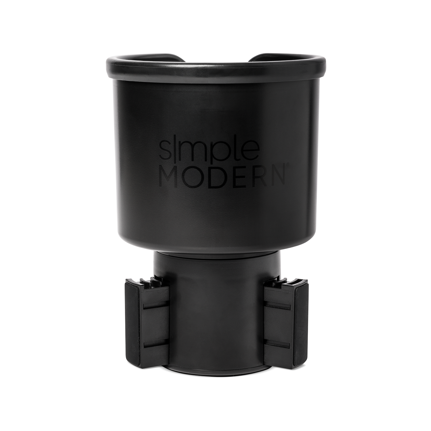 Black matte travel mug with front opening lid displayed against white background
