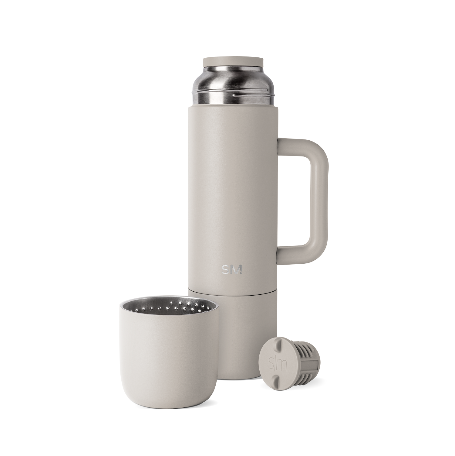 Greige-toned coffee maker with neutral beige-gray exterior walls and soft interior components visible on the lid and brewing chamber