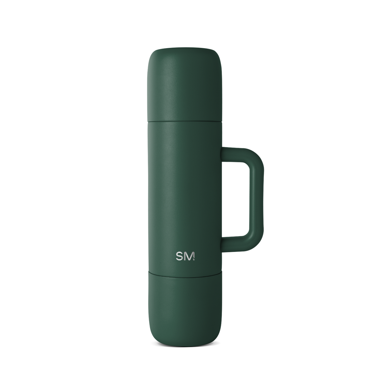 Forest green insulated bottle with matte finish, modern cylindrical design, viewed from front angle, product photography on neutral background.