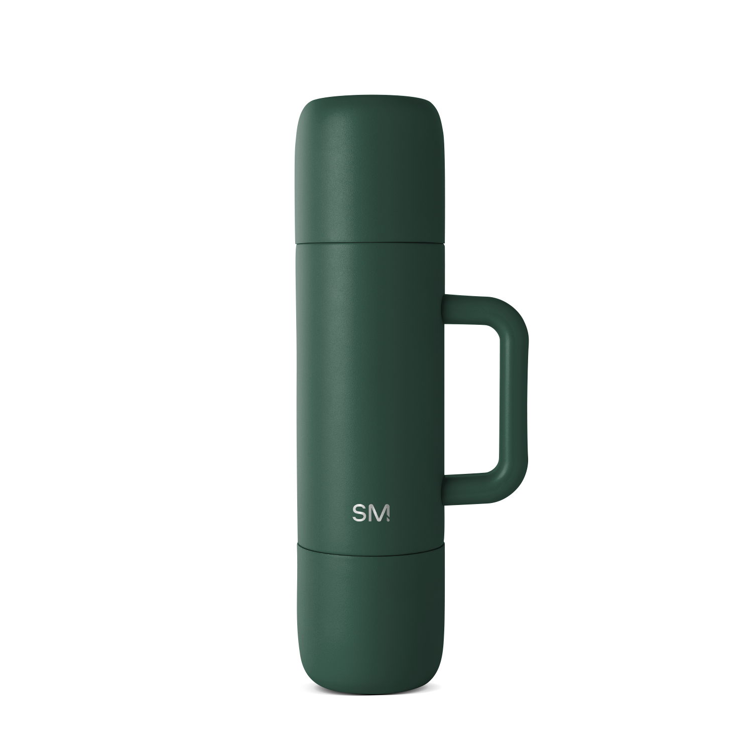 Forest green insulated bottle with matte finish, modern cylindrical design, viewed from front angle, product photography on neutral background.