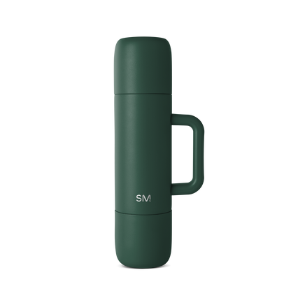 Forest green insulated bottle with matte finish, modern cylindrical design, viewed from front angle, product photography on neutral background.