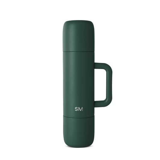 Forest green insulated bottle with matte finish, modern cylindrical design, viewed from front angle, product photography on neutral background.