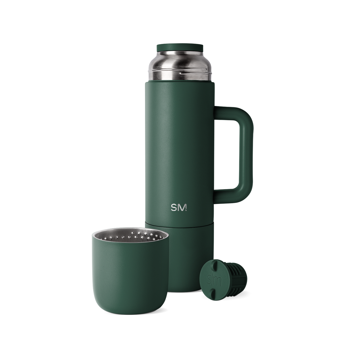 Sage green insulated thermos set with brushed stainless steel accents, including matching cup base and removable cap