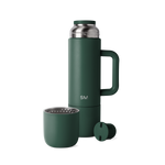 Sage green insulated thermos set with brushed stainless steel accents, including matching cup base and removable cap