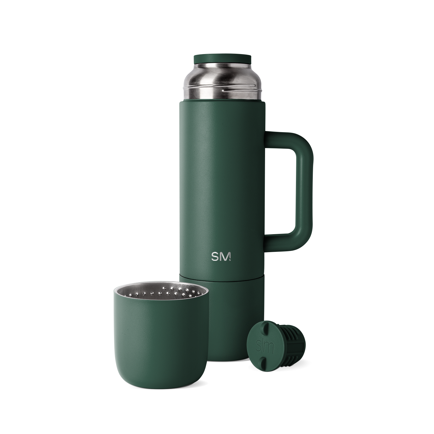 Sage green insulated thermos set with brushed stainless steel accents, including matching cup base and removable cap