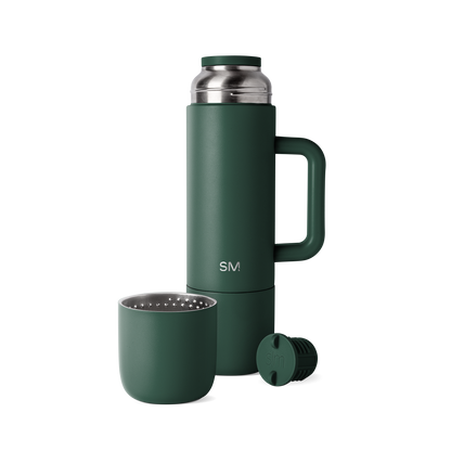 Sage green insulated thermos set with brushed stainless steel accents, including matching cup base and removable cap