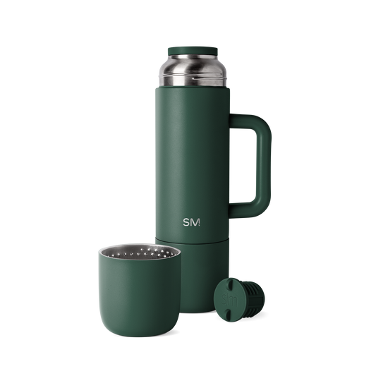 Sage green insulated thermos set with brushed stainless steel accents, including matching cup base and removable cap