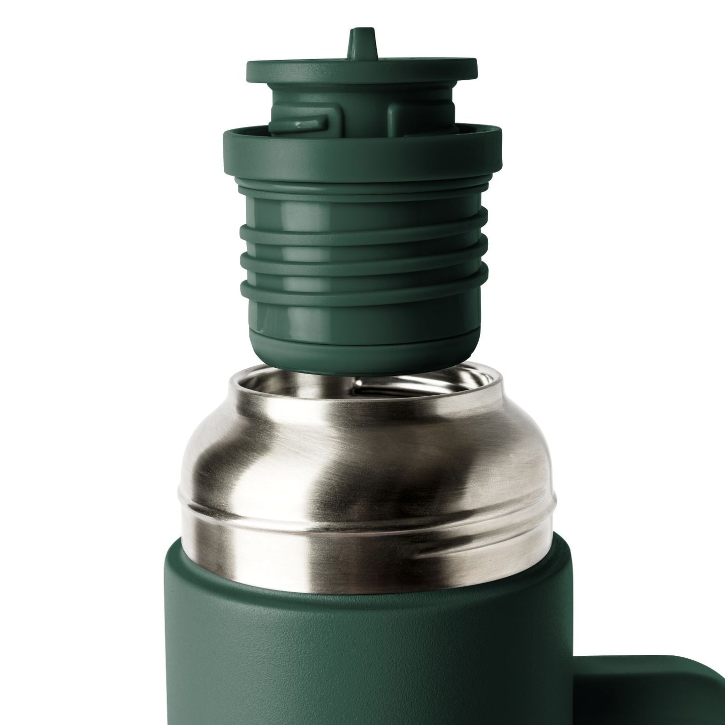 Forest green reusable water bottle with matching lid and stainless steel band in the middle section.