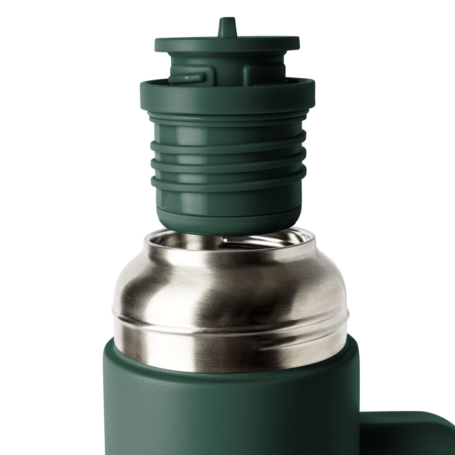 Forest green reusable water bottle with matching lid and stainless steel band in the middle section.