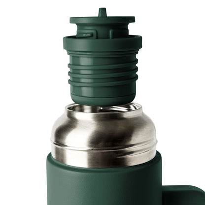 Forest green reusable water bottle with matching lid and stainless steel band in the middle section.