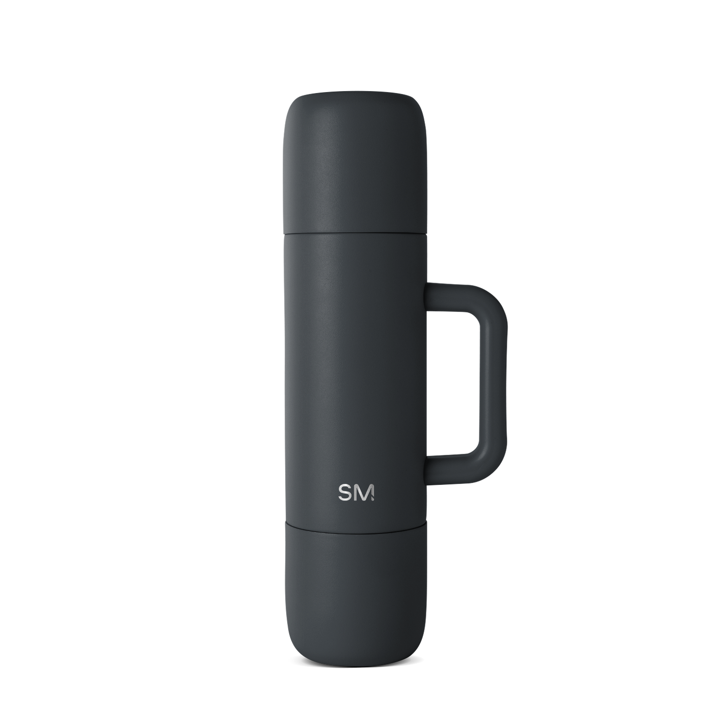 Dark charcoal gray insulated beverage flask with cylindrical shape, sleek modern design, and clean lines