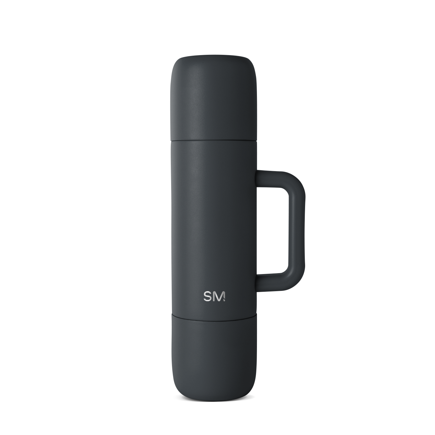 Dark charcoal gray insulated beverage flask with cylindrical shape, sleek modern design, and clean lines