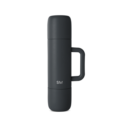 Dark charcoal gray insulated beverage flask with cylindrical shape, sleek modern design, and clean lines
