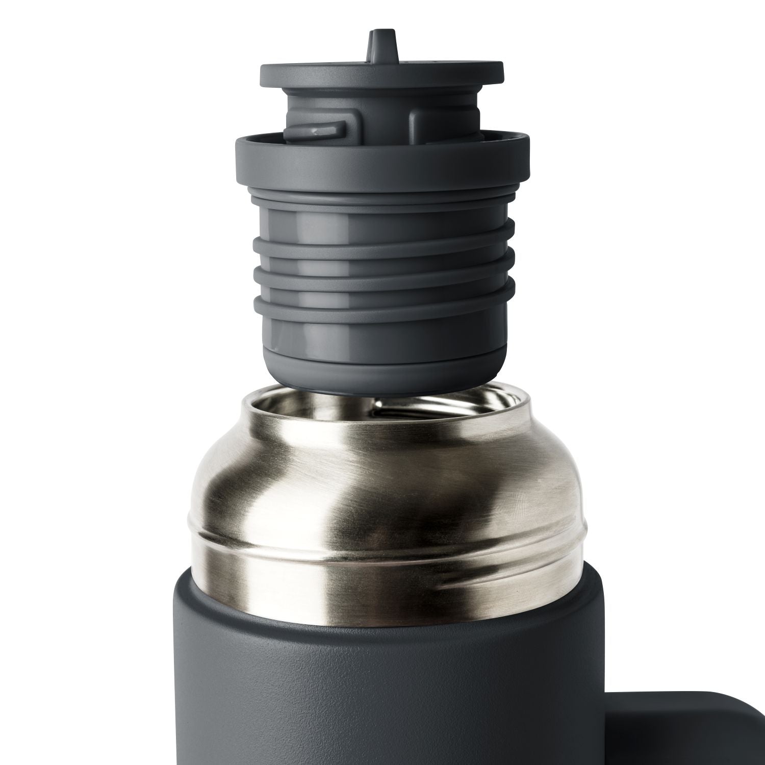 Two-tone decorative object with dark gray upper portion and brushed stainless steel silver lower body with cap assembly