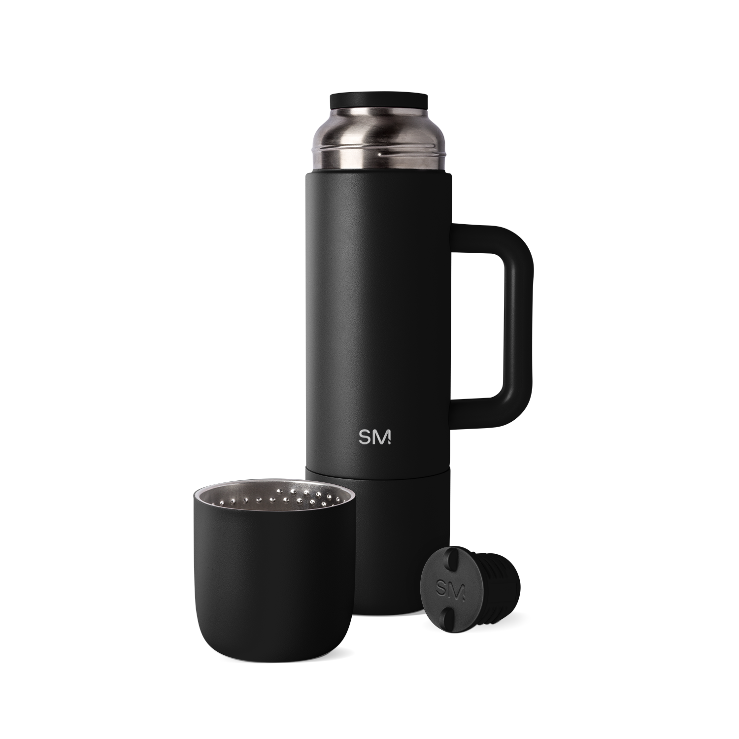 Black and metallic silver matte thermos bottle with detachable infuser, handle, and base cup