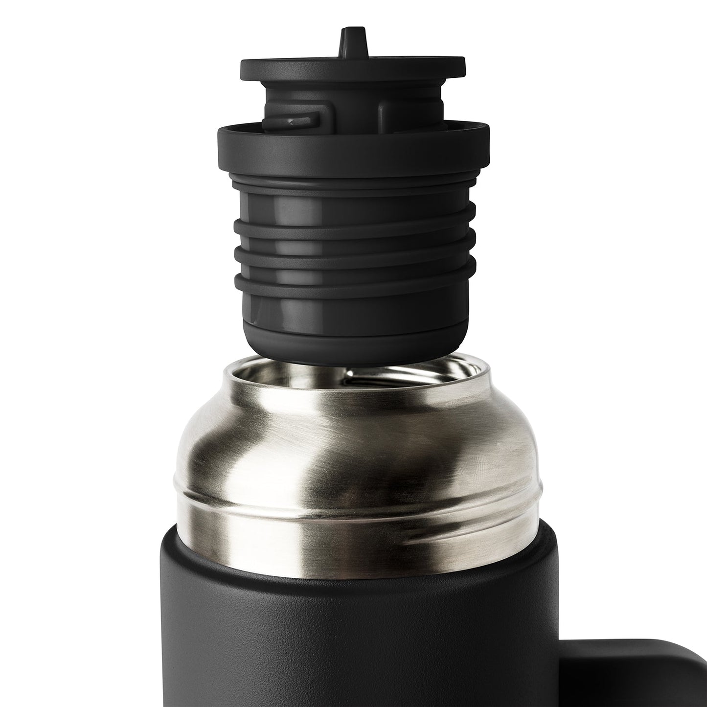 Stainless steel and black beverage cooler with brushed metal band and matte black plastic top section