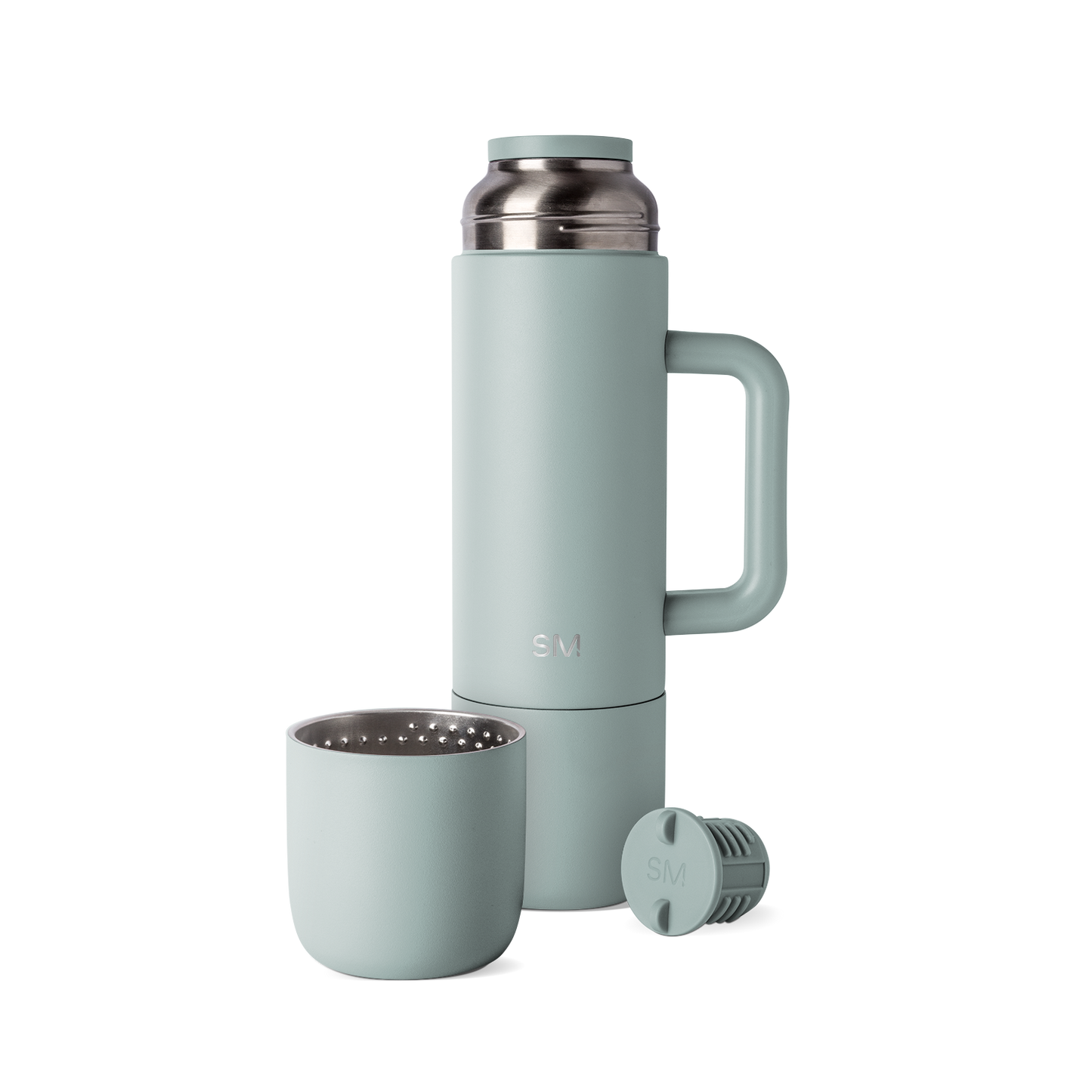 Sage green insulated thermos with matching cap and cup, displayed with handle and accessories against white background
