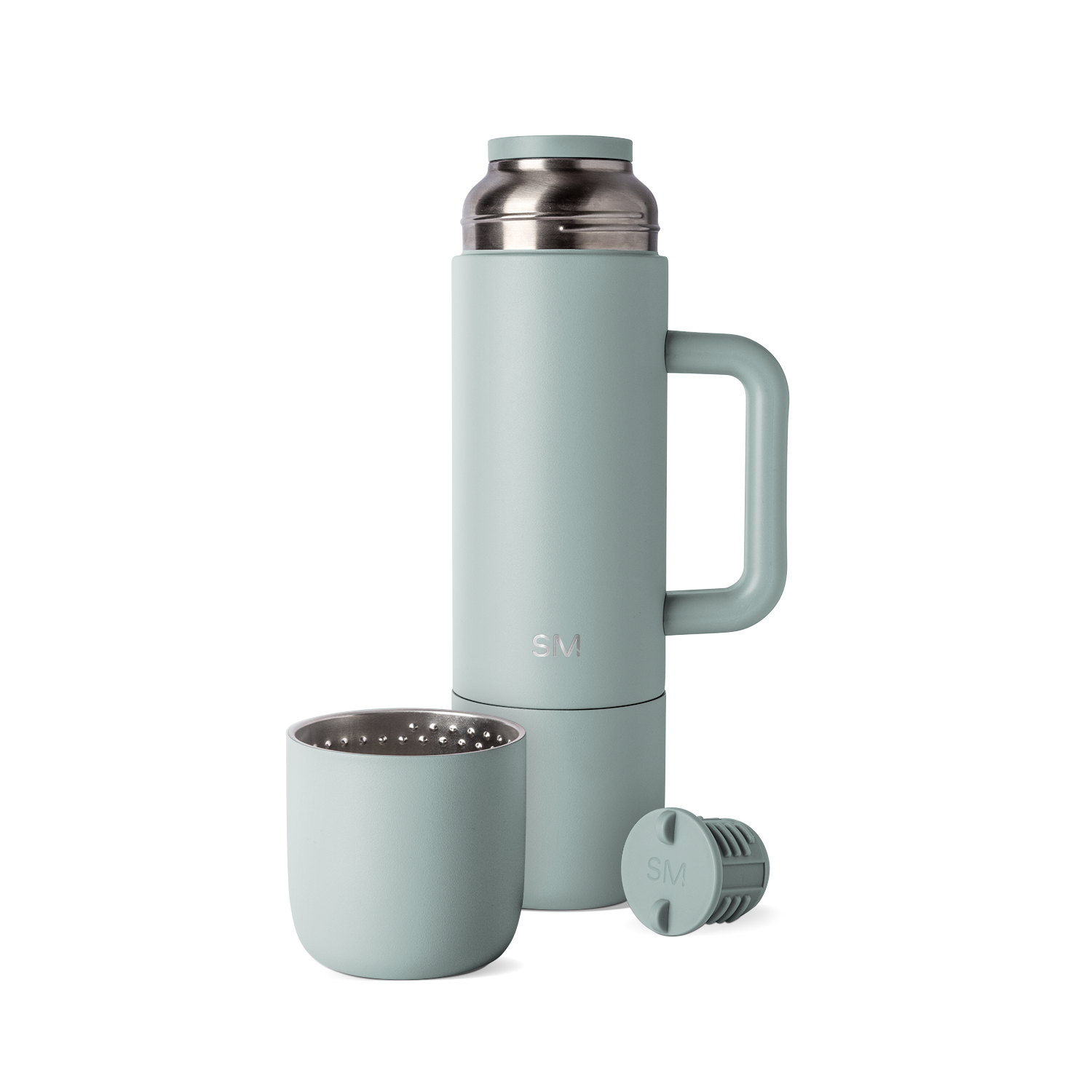 Sage green insulated thermos with matching cap and cup, displayed with handle and accessories against white background