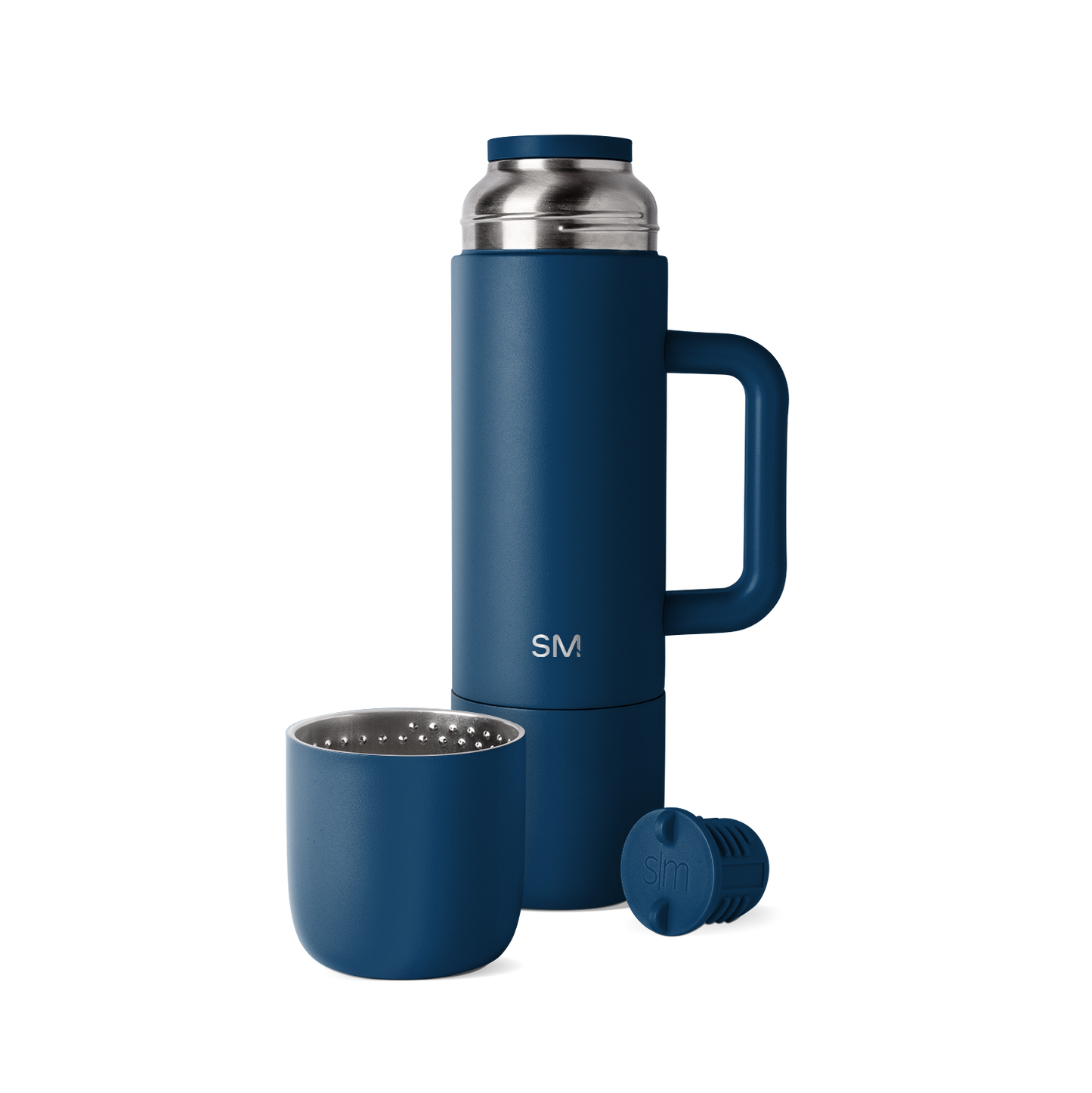 Navy blue romertopf clay baker with stainless steel silver handles and lid knob, displayed against a white background.