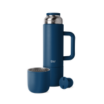 Navy blue romertopf clay baker with stainless steel silver handles and lid knob, displayed against a white background.