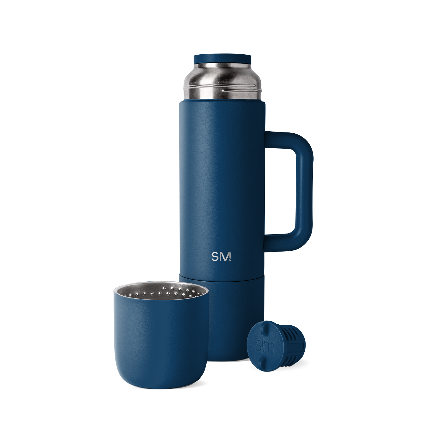 Navy blue romertopf clay baker with stainless steel silver handles and lid knob, displayed against a white background.