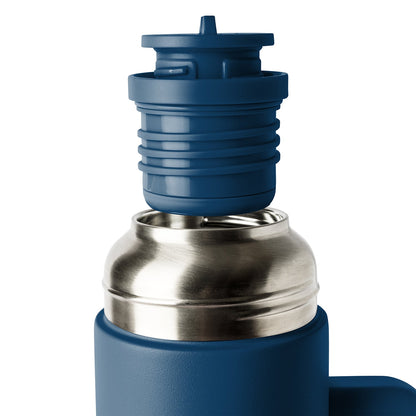 Deep blue drinkware with brushed stainless steel band in silver-gray tone, product view against white background.