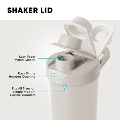 Rally Classic Shaker product technical diagram with soft white background, turquoise callout markers and connecting lines pointing to key product features and specifications.