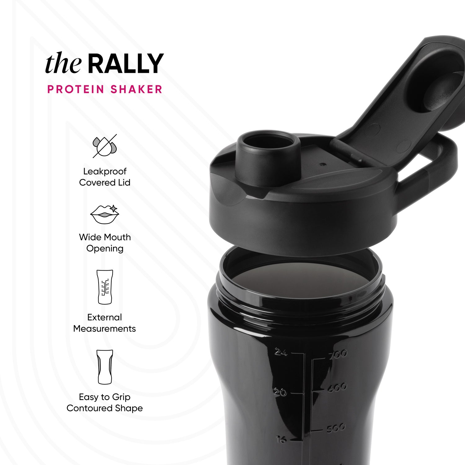 Black Rally protein shaker bottle with secure lid and measurement markings, displayed against light gray background with geometric patterns