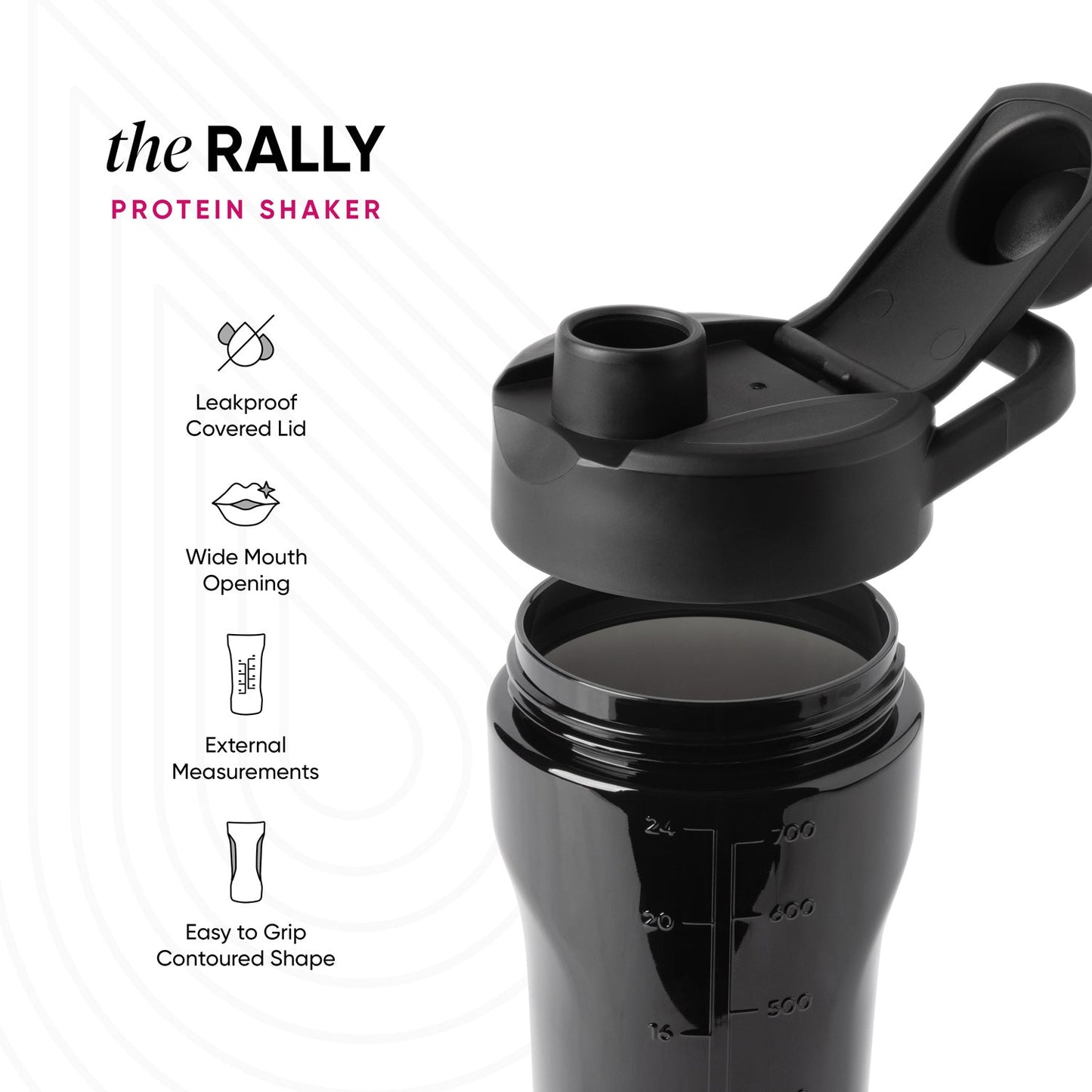 Black Rally protein shaker bottle with secure lid and measurement markings, displayed against light gray background with geometric patterns