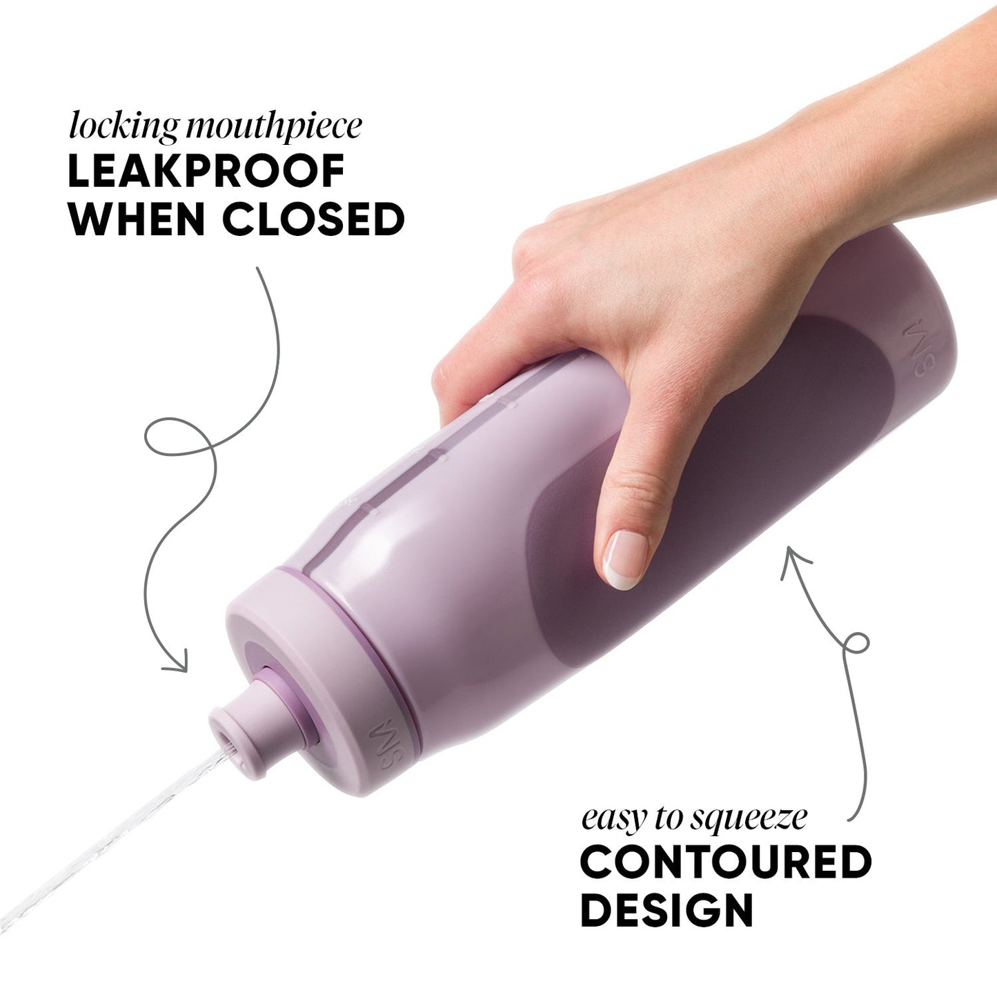 Rally squeeze bottle in lavender with labeled callouts, displayed against a white background with a hand holding the bottle to show scale and grip