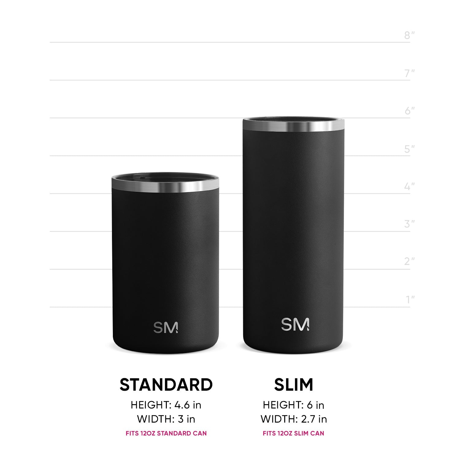 Two black cylindrical can coolers with stainless steel rims displayed against a white background with measurement guide
