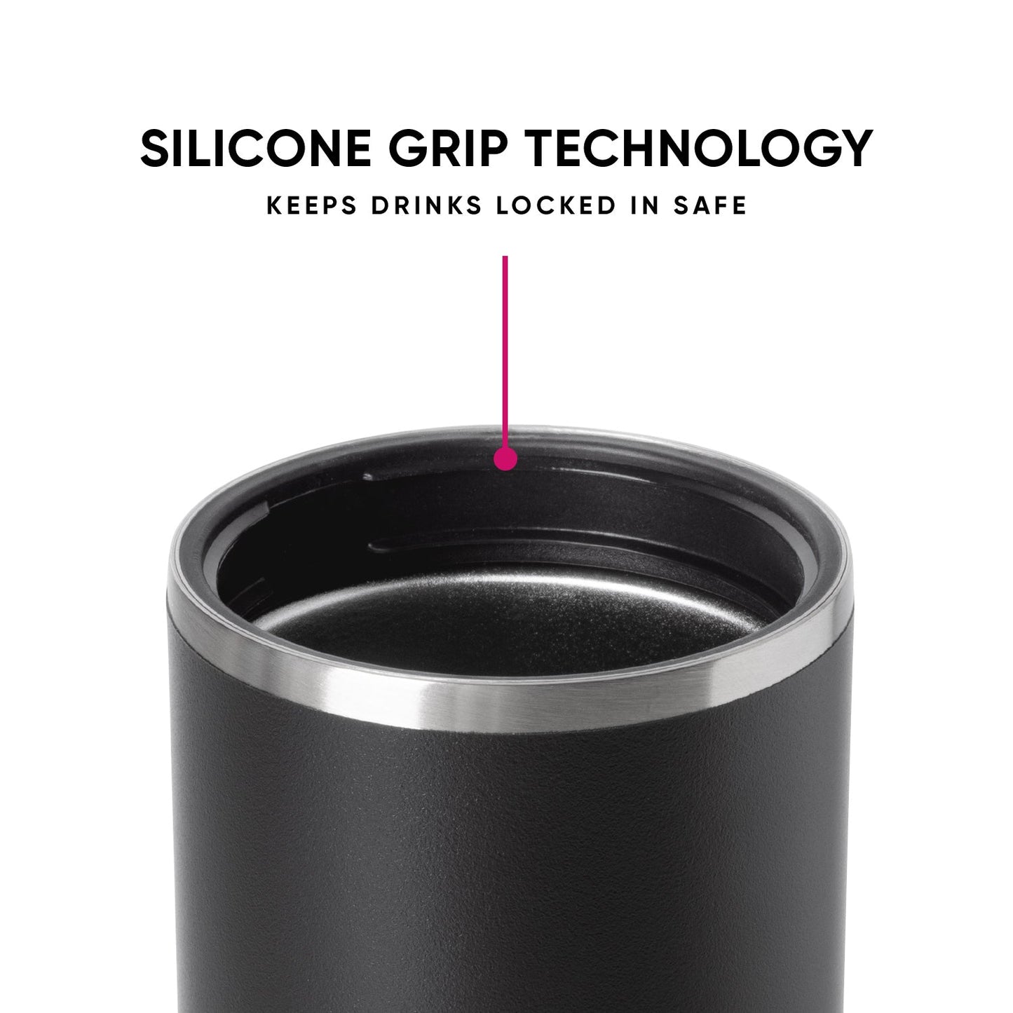 Charcoal gray Ranger can cooler with brushed stainless steel silver band around upper rim and silicone grip, shown on white background.