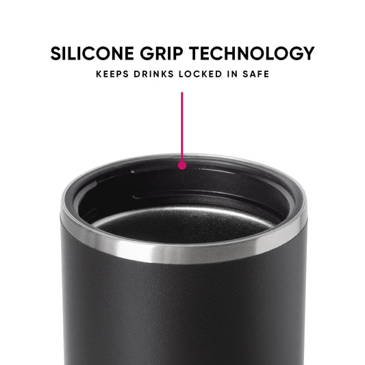 Charcoal gray Ranger can cooler with brushed stainless steel silver band around upper rim and silicone grip, shown on white background.