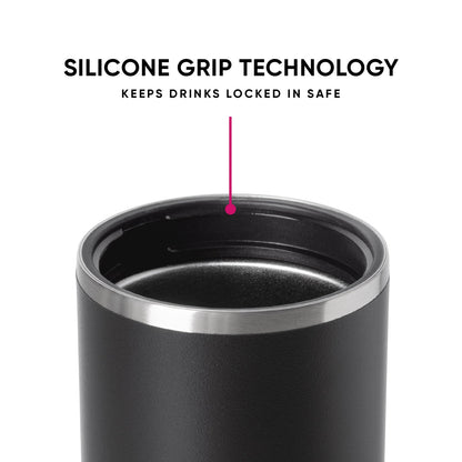 Charcoal gray Ranger can cooler with brushed stainless steel silver band around upper rim and silicone grip, shown on white background.