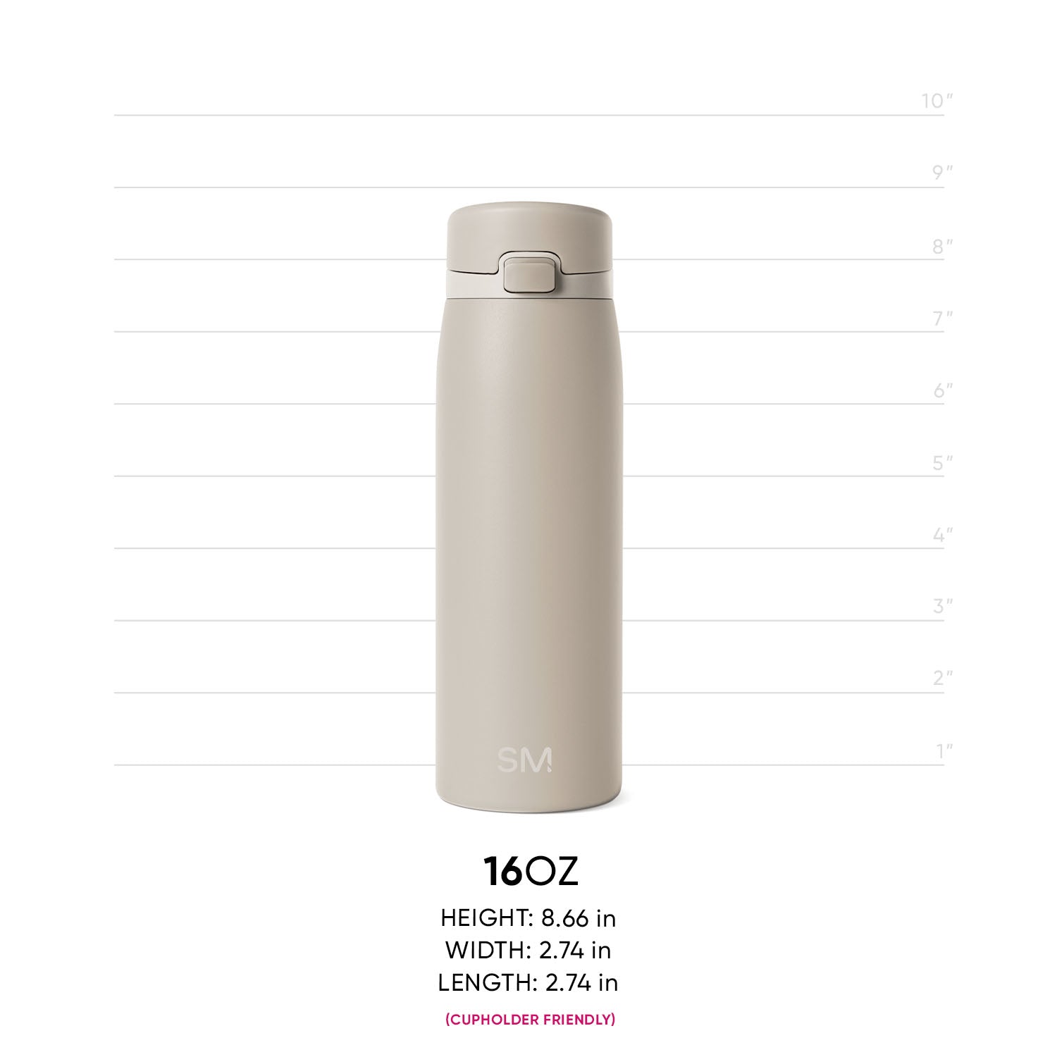 Light taupe 16oz tumbler shown in size reference with warm beige and cream background, demonstrating the tumbler's height and proportions for product scale comparison.