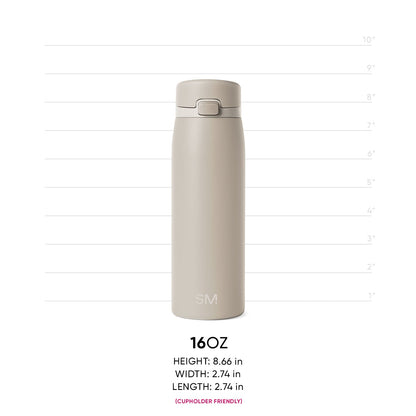 Light taupe 16oz tumbler shown in size reference with warm beige and cream background, demonstrating the tumbler's height and proportions for product scale comparison.